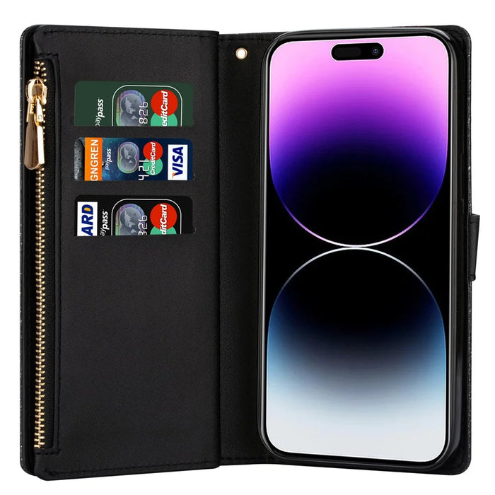 For iPhone 15 Pro Max Zipper Wallet Phone Cover PU Leather Glittery Laser Carving Phone Stand Case - Black - 2