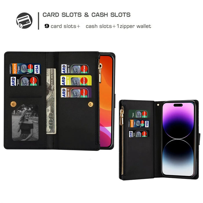 For iPhone 15 Pro Max Zipper Wallet Phone Cover PU Leather Glittery Laser Carving Phone Stand Case - Black - 5