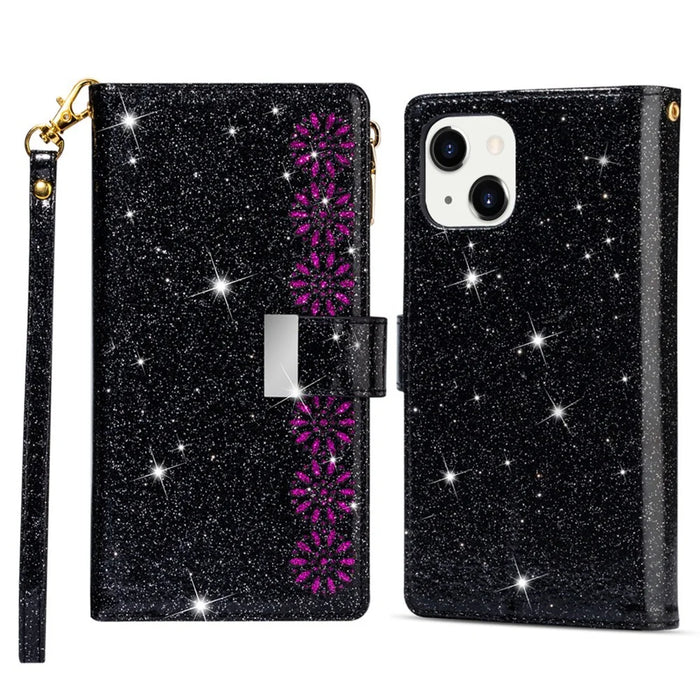 For iPhone 15 Zipper Wallet Stand Phone Case PU Leather Glittery Laser Carving Phone Cover - Black - 1