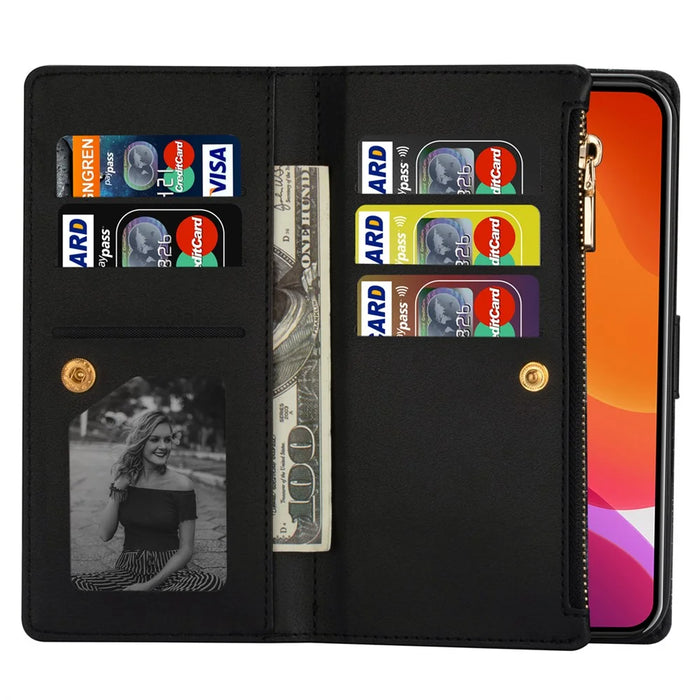 For iPhone 15 Zipper Wallet Stand Phone Case PU Leather Glittery Laser Carving Phone Cover - Black - 3