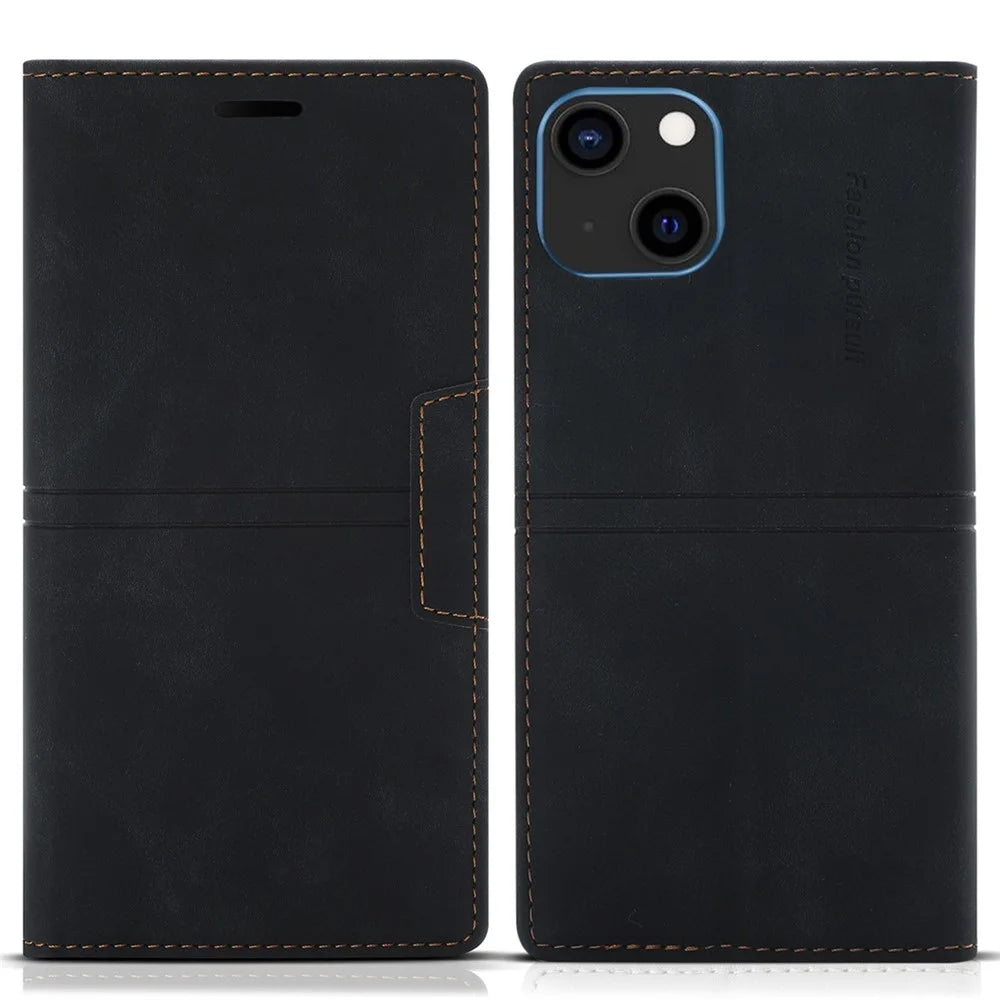 For iPhone 15 Plus PU Leather Wallet Phone Cover Magnetic Closure Stand Case - Black - 1