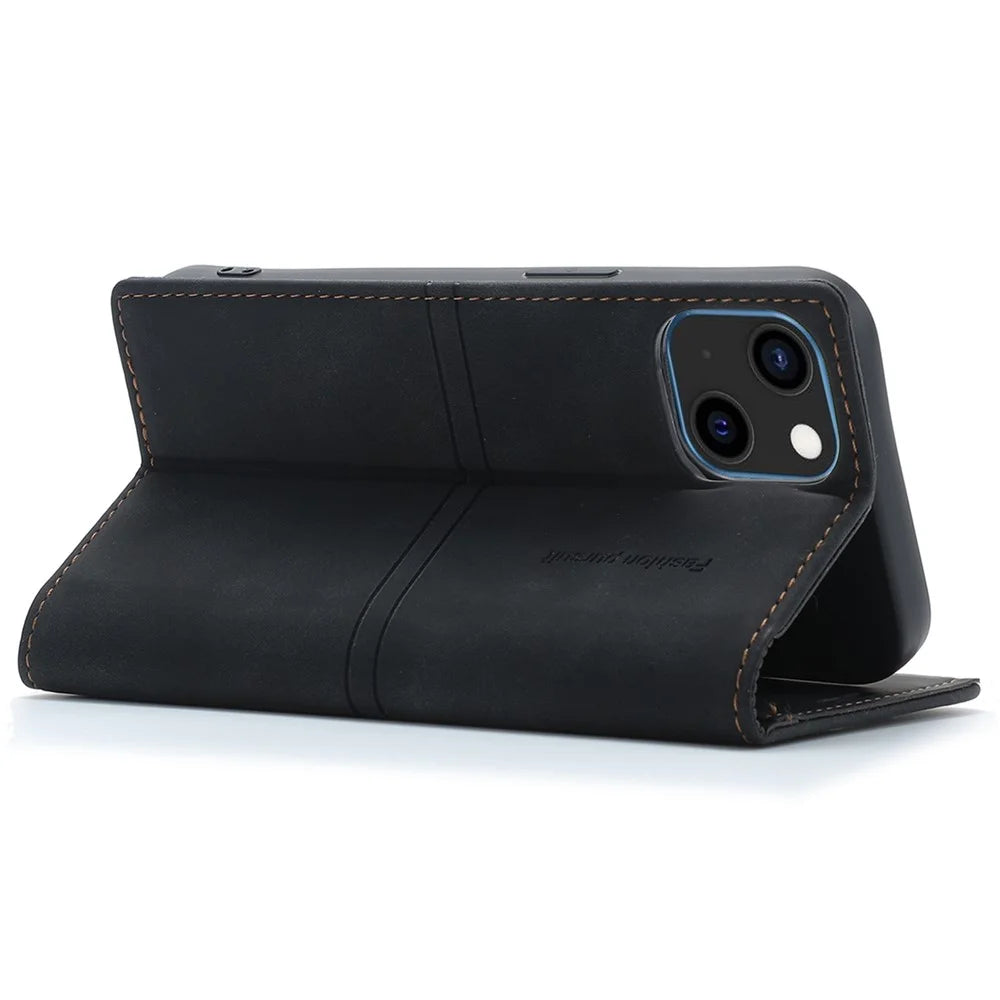 For iPhone 15 Full Protection Phone Leather Case Wallet Stand Phone Cover - Black - 4
