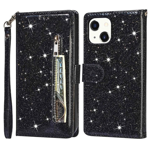 For iPhone 15 Glittery Zipper Pocket Leather Case Wallet Stand Anti-drop Phone Cover - Black - 1