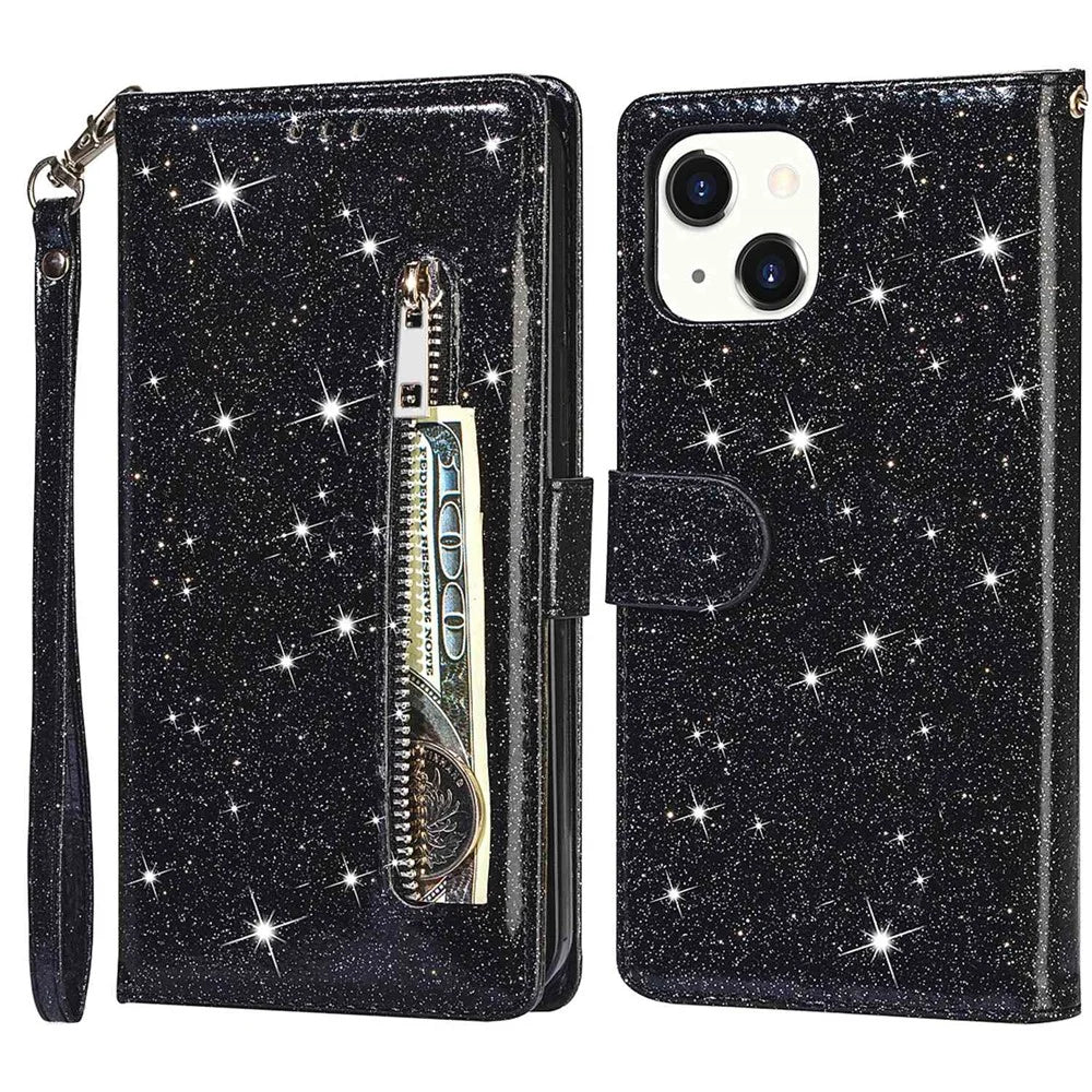 For iPhone 15 Glittery Zipper Pocket Leather Case Wallet Stand Anti-drop Phone Cover - Black - 1