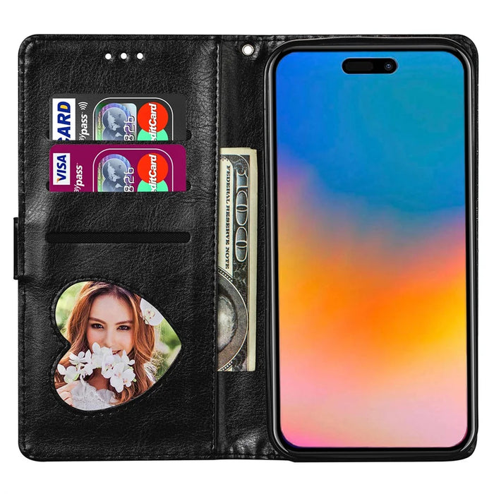 For iPhone 15 Glittery Zipper Pocket Leather Case Wallet Stand Anti-drop Phone Cover - Black - 2