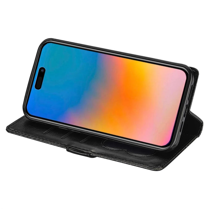 For iPhone 15 Glittery Zipper Pocket Leather Case Wallet Stand Anti-drop Phone Cover - Black - 3