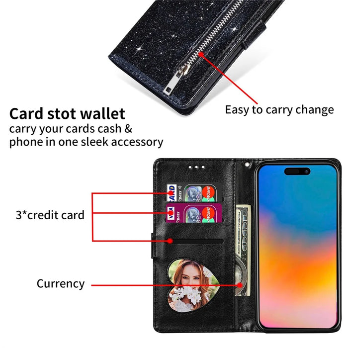 For iPhone 15 Glittery Zipper Pocket Leather Case Wallet Stand Anti-drop Phone Cover - Black - 4