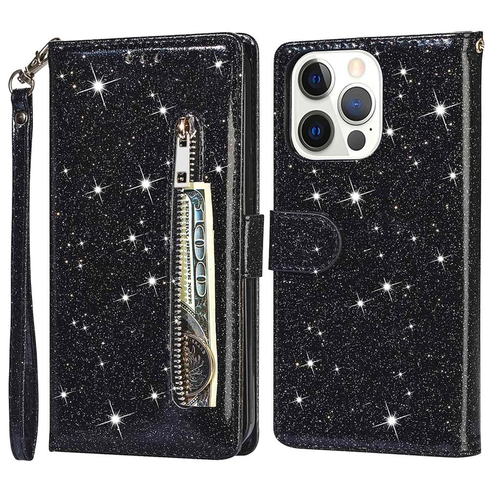 For iPhone 15 Pro Max Phone Leather Case Wallet Stand Glittery Phone Cover with Zipper Pocket - Black - 1