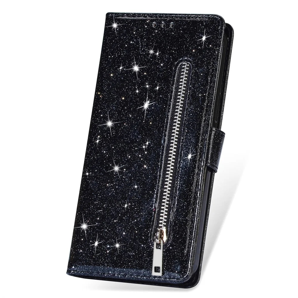 For iPhone 15 Pro Max Phone Leather Case Wallet Stand Glittery Phone Cover with Zipper Pocket - Black - 6