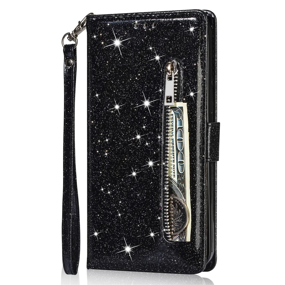 For iPhone 15 Pro Max Phone Leather Case Wallet Stand Glittery Phone Cover with Zipper Pocket - Black - 7