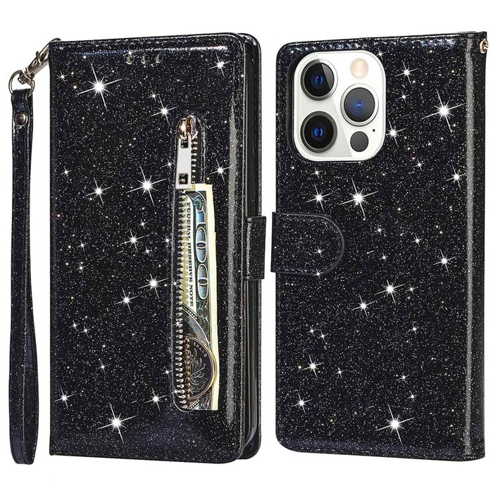 For iPhone 15  Pro Wallet Leather Phone Case Zipper Pocket Stand Glittery Phone Cover - Black - 1