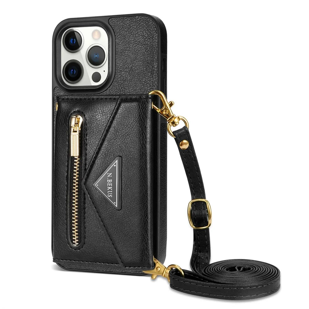N.BEKUS PU Leather+TPU Phone Cover for iPhone 15 Pro Max , Zipper Pocket Wallet Kickstand Case with Shoulder Strap - Black - 2
