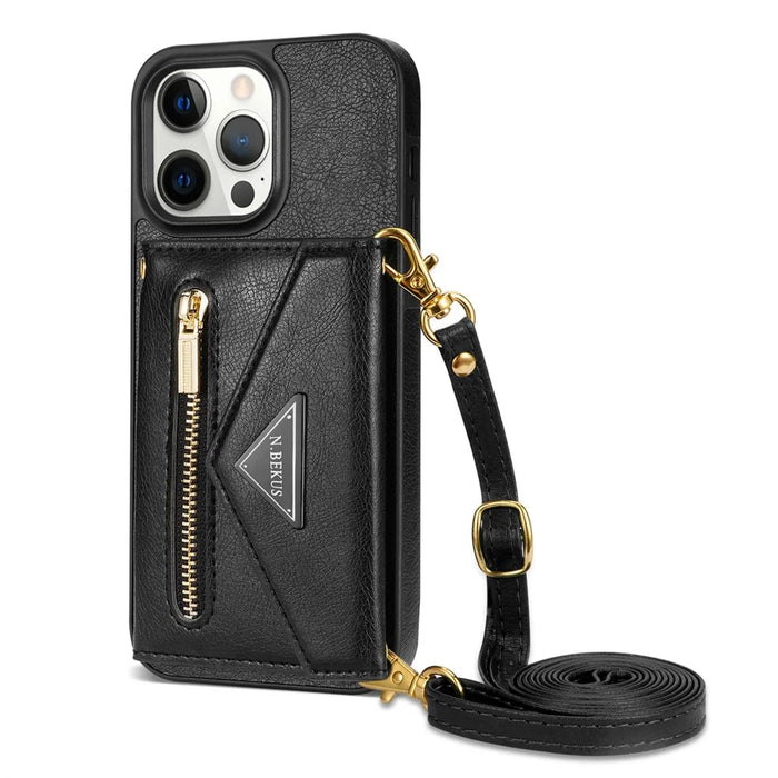 N.BEKUS PU Leather+TPU Phone Cover for iPhone 15 Pro Max , Zipper Pocket Wallet Kickstand Case with Shoulder Strap - Black - 2