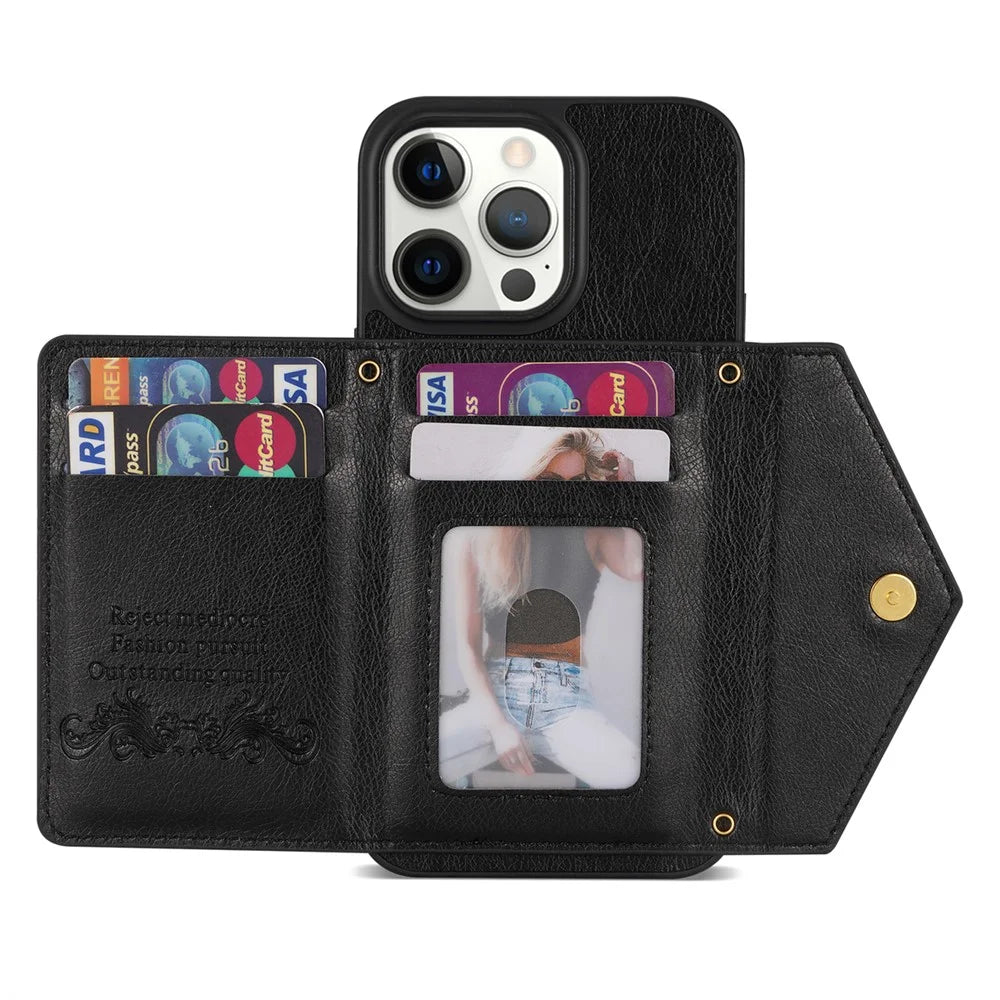 N.BEKUS PU Leather+TPU Phone Cover for iPhone 15 Pro Max , Zipper Pocket Wallet Kickstand Case with Shoulder Strap - Black - 3