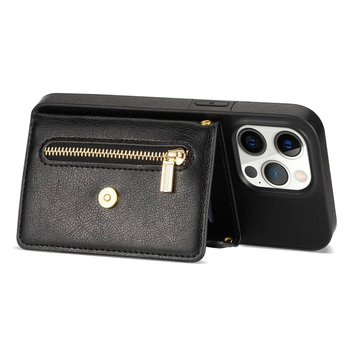 N.BEKUS PU Leather+TPU Phone Cover for iPhone 15 Pro Max , Zipper Pocket Wallet Kickstand Case with Shoulder Strap - Black - 4
