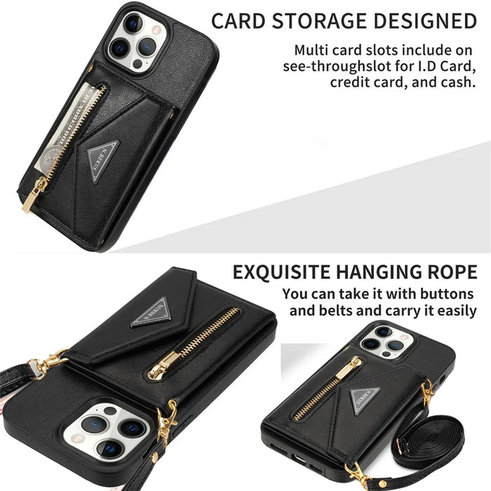 N.BEKUS PU Leather+TPU Phone Cover for iPhone 15 Pro Max , Zipper Pocket Wallet Kickstand Case with Shoulder Strap - Black - 7