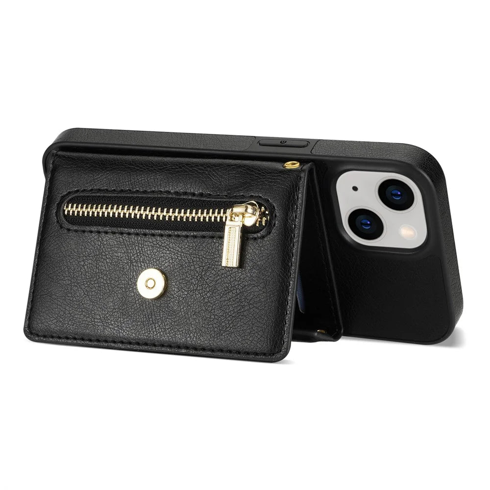 N.BEKUS PU Leather+TPU Cover for iPhone 15 , Zipper Pocket Wallet Kickstand Phone Case with Shoulder Strap - Black - 5