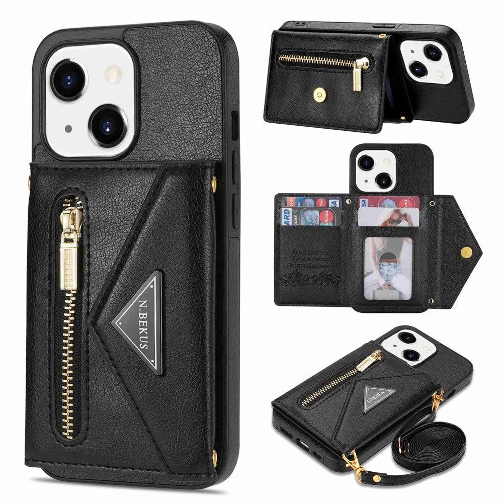 N.BEKUS Phone Cover for iPhone 15 Plus , Zipper Pocket Wallet Kickstand PU Leather+TPU Case with Shoulder Strap - Black - 1