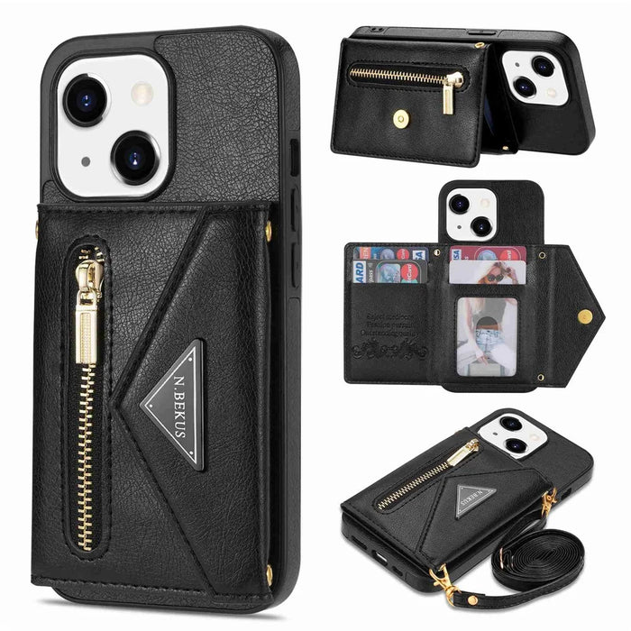 N.BEKUS Phone Cover for iPhone 15 Plus , Zipper Pocket Wallet Kickstand PU Leather+TPU Case with Shoulder Strap - Black - 1