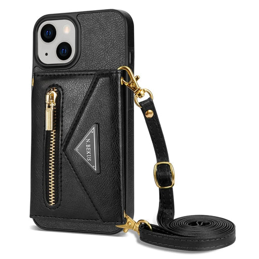 N.BEKUS Phone Cover for iPhone 15 Plus , Zipper Pocket Wallet Kickstand PU Leather+TPU Case with Shoulder Strap - Black - 2