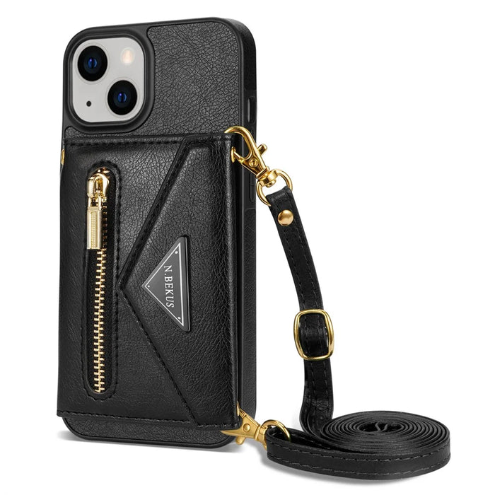 N.BEKUS Phone Cover for iPhone 15 Plus , Zipper Pocket Wallet Kickstand PU Leather+TPU Case with Shoulder Strap - Black - 2