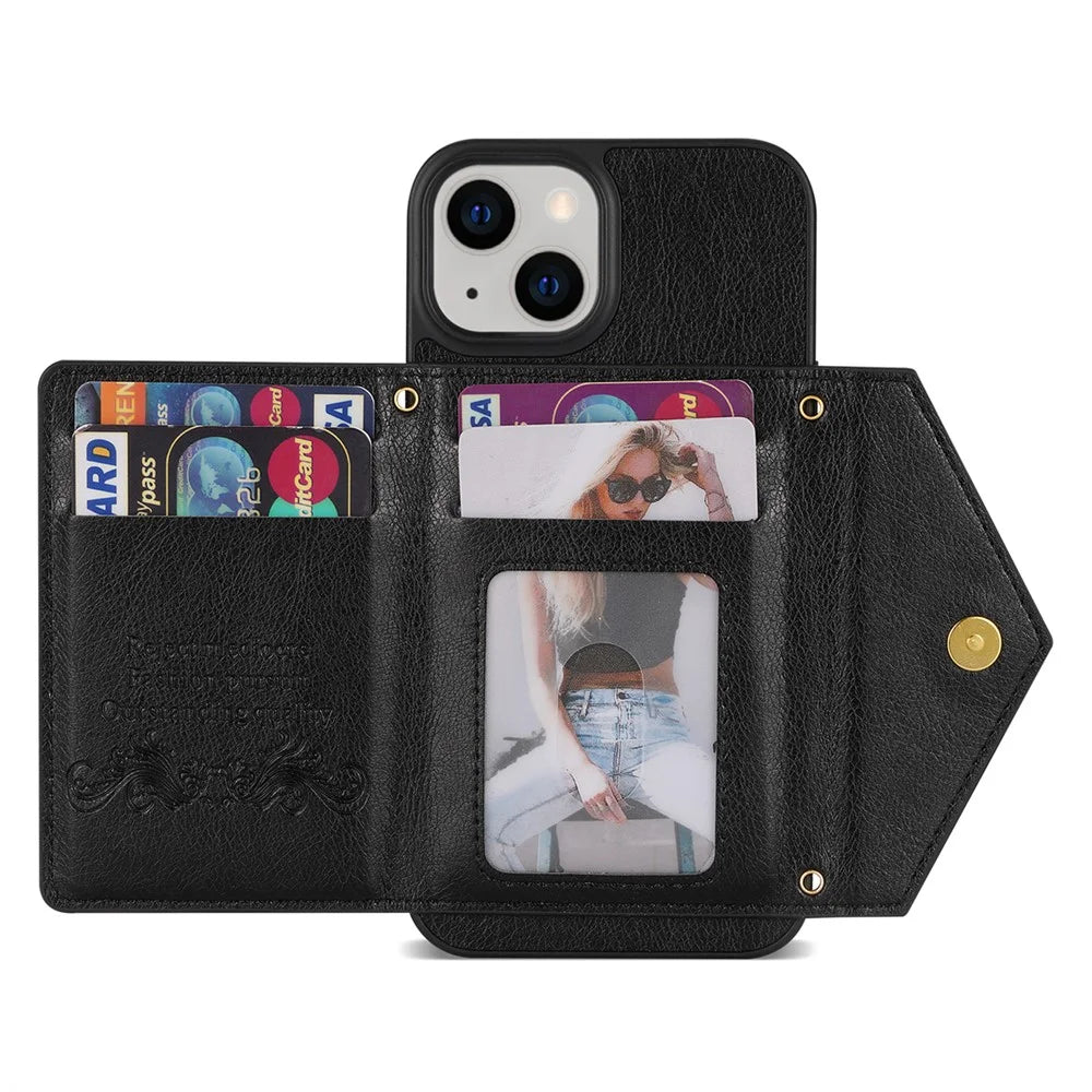 N.BEKUS Phone Cover for iPhone 15 Plus , Zipper Pocket Wallet Kickstand PU Leather+TPU Case with Shoulder Strap - Black - 3