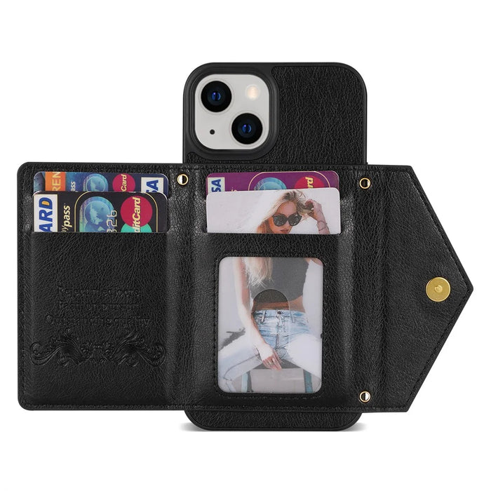 N.BEKUS Phone Cover for iPhone 15 Plus , Zipper Pocket Wallet Kickstand PU Leather+TPU Case with Shoulder Strap - Black - 3