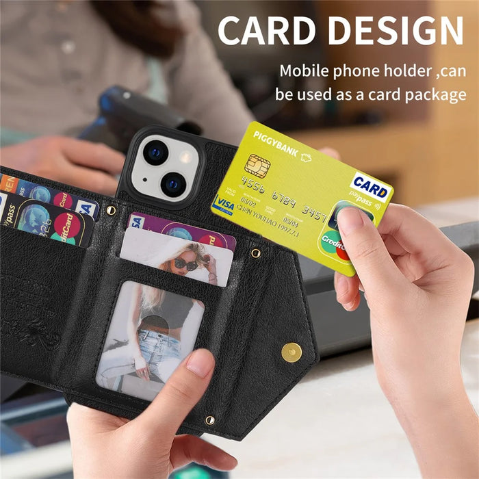 N.BEKUS Phone Cover for iPhone 15 Plus , Zipper Pocket Wallet Kickstand PU Leather+TPU Case with Shoulder Strap - Black - 7