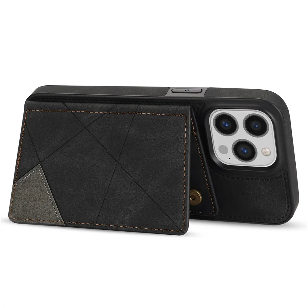 For iPhone 15 Pro Line Splicing Imprinting Card Holder Kickstand PU Leather+TPU Back Case Phone Case - Black - 3