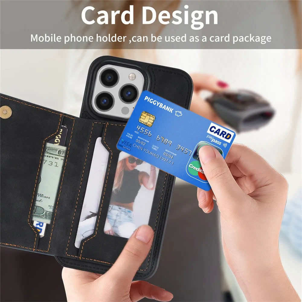 For iPhone 15 Pro Line Splicing Imprinting Card Holder Kickstand PU Leather+TPU Back Case Phone Case - Black - 6