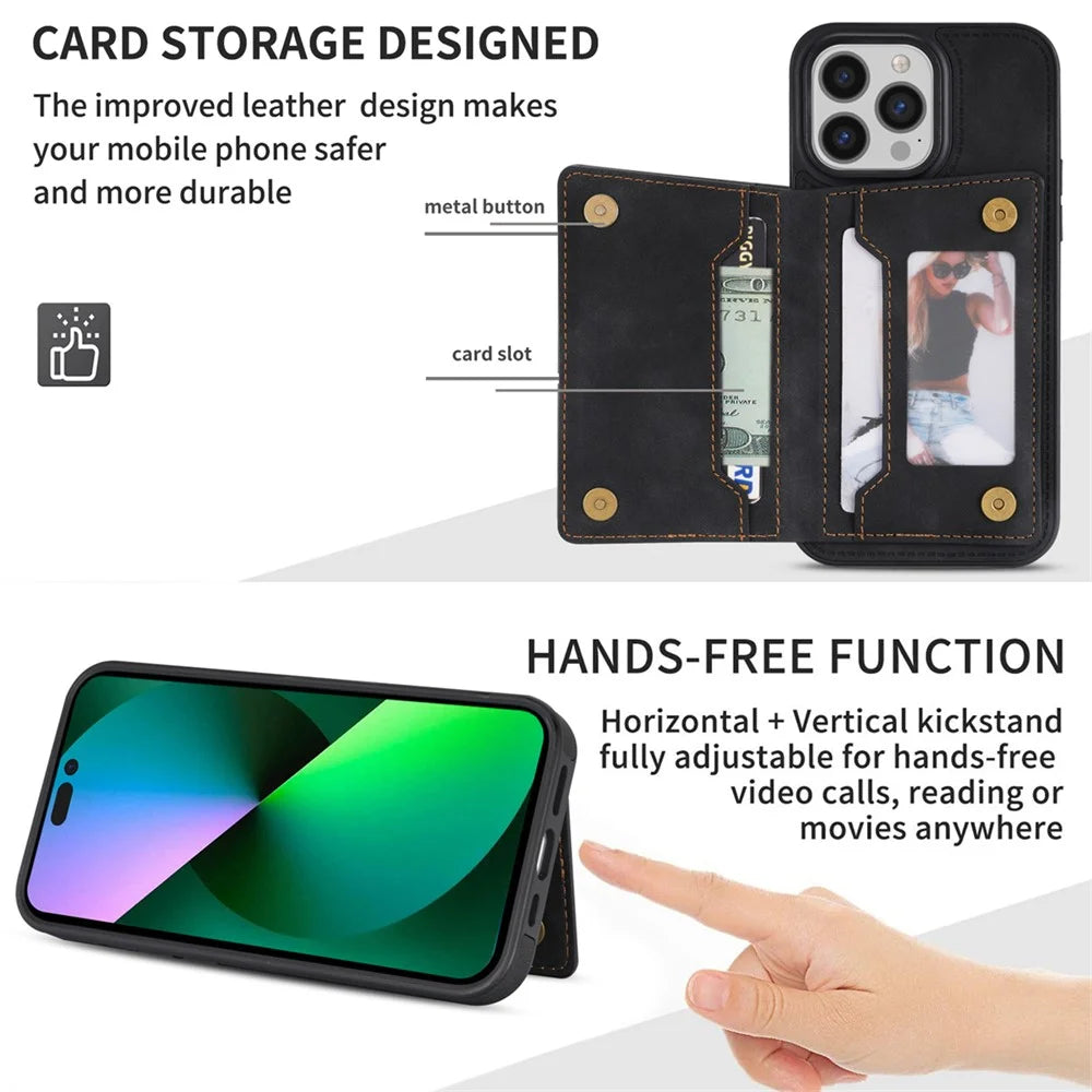 For iPhone 15 Pro Line Splicing Imprinting Card Holder Kickstand PU Leather+TPU Back Case Phone Case - Black - 7