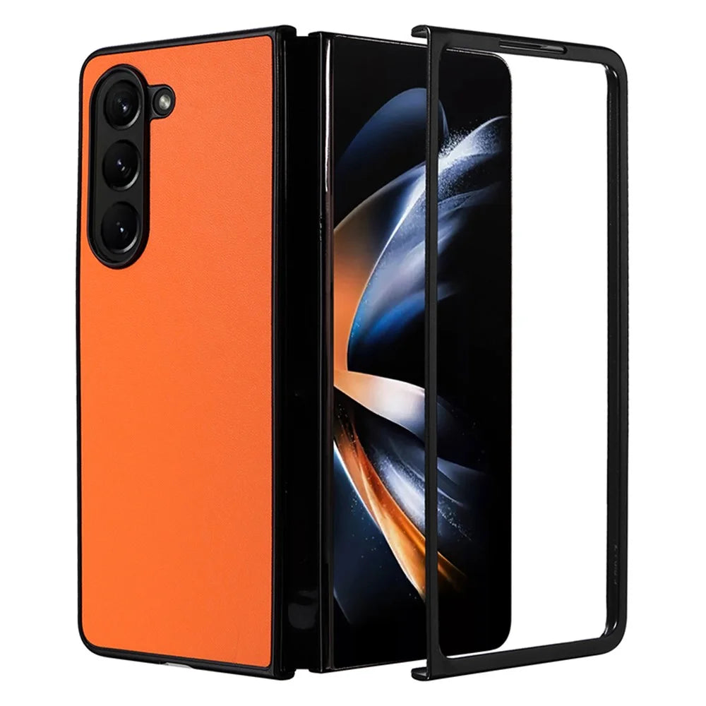 For Samsung Galaxy Z Fold5 5G Textured PU Leather+PC Phone Case Folding Back Cover - Orange - 1