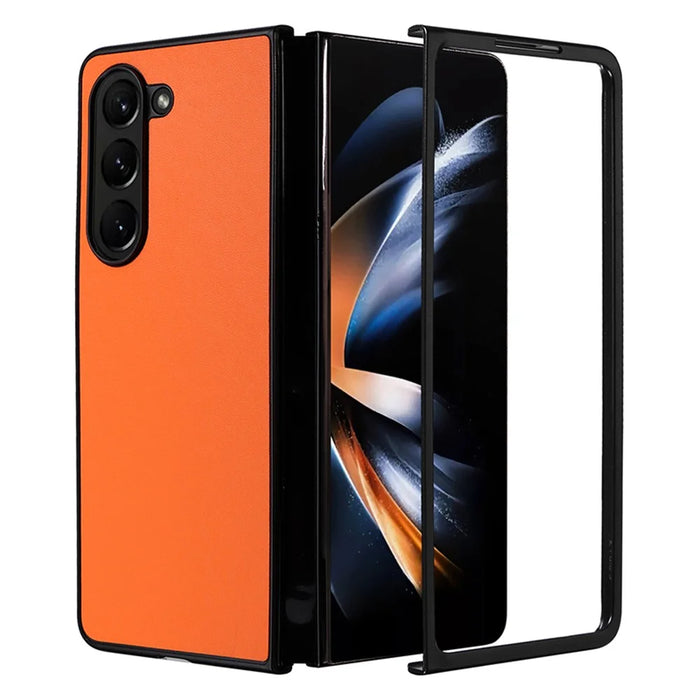 For Samsung Galaxy Z Fold5 5G Textured PU Leather+PC Phone Case Folding Back Cover - Orange - 1
