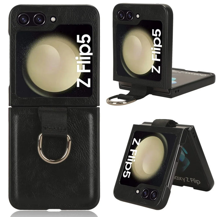 For Samsung Galaxy Z Flip5 5G Protective Phone Case PU Leather Coated PC Cover with Finger Ring Holder - Black - 1