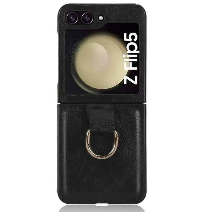For Samsung Galaxy Z Flip5 5G Protective Phone Case PU Leather Coated PC Cover with Finger Ring Holder - Black - 2