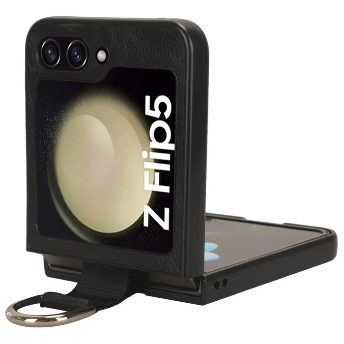 For Samsung Galaxy Z Flip5 5G Protective Phone Case PU Leather Coated PC Cover with Finger Ring Holder - Black - 3