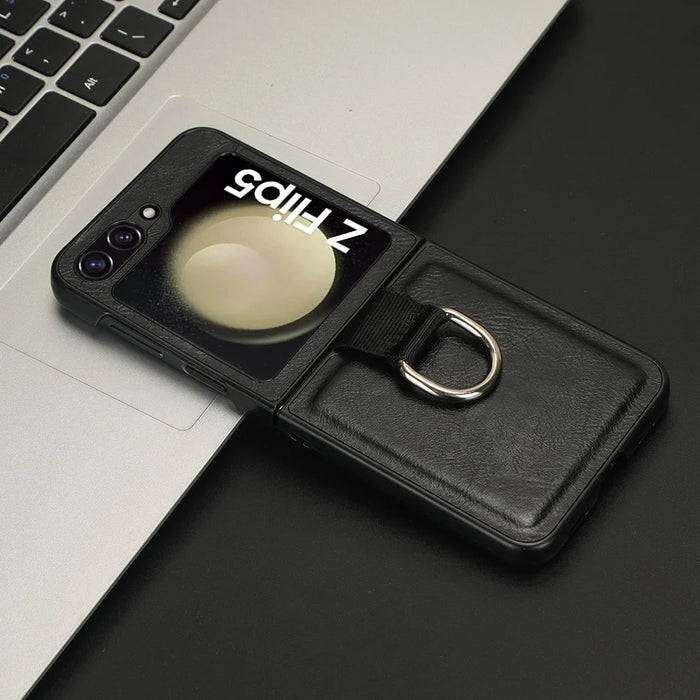 For Samsung Galaxy Z Flip5 5G Protective Phone Case PU Leather Coated PC Cover with Finger Ring Holder - Black - 6