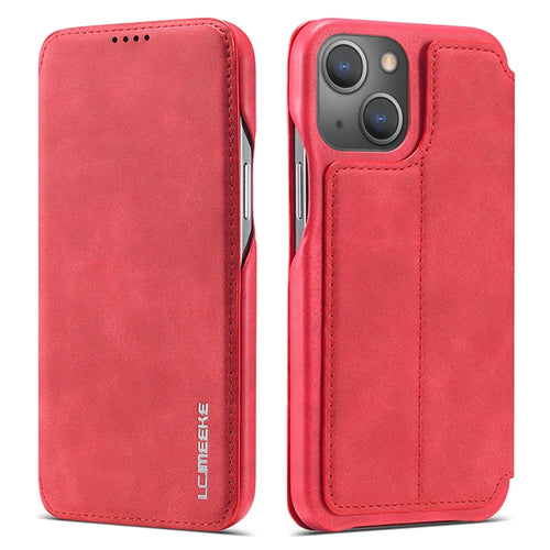 LC.IMEEKE For iPhone 15 Leather Stand Phone Case Drop-proof Cover with Card Slot - Red - 1