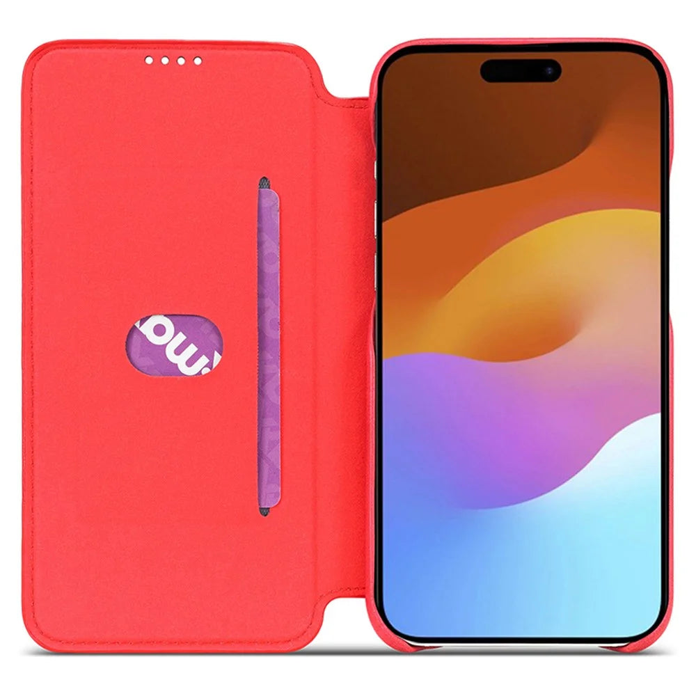 LC.IMEEKE For iPhone 15 Leather Stand Phone Case Drop-proof Cover with Card Slot - Red - 2