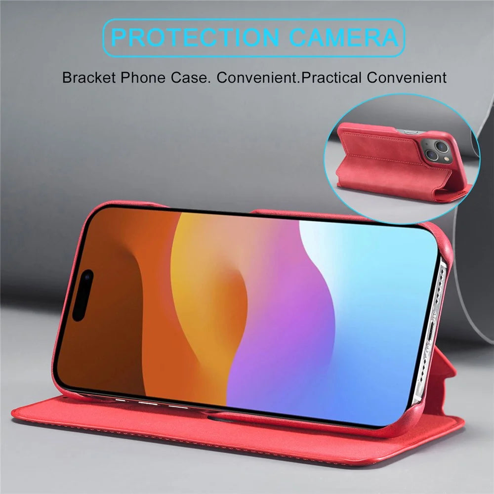 LC.IMEEKE For iPhone 15 Leather Stand Phone Case Drop-proof Cover with Card Slot - Red - 3