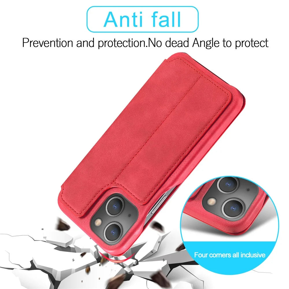 LC.IMEEKE For iPhone 15 Leather Stand Phone Case Drop-proof Cover with Card Slot - Red - 4