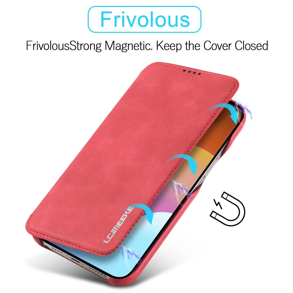 LC.IMEEKE For iPhone 15 Leather Stand Phone Case Drop-proof Cover with Card Slot - Red - 5