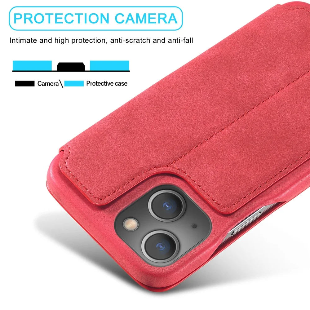 LC.IMEEKE For iPhone 15 Leather Stand Phone Case Drop-proof Cover with Card Slot - Red - 6