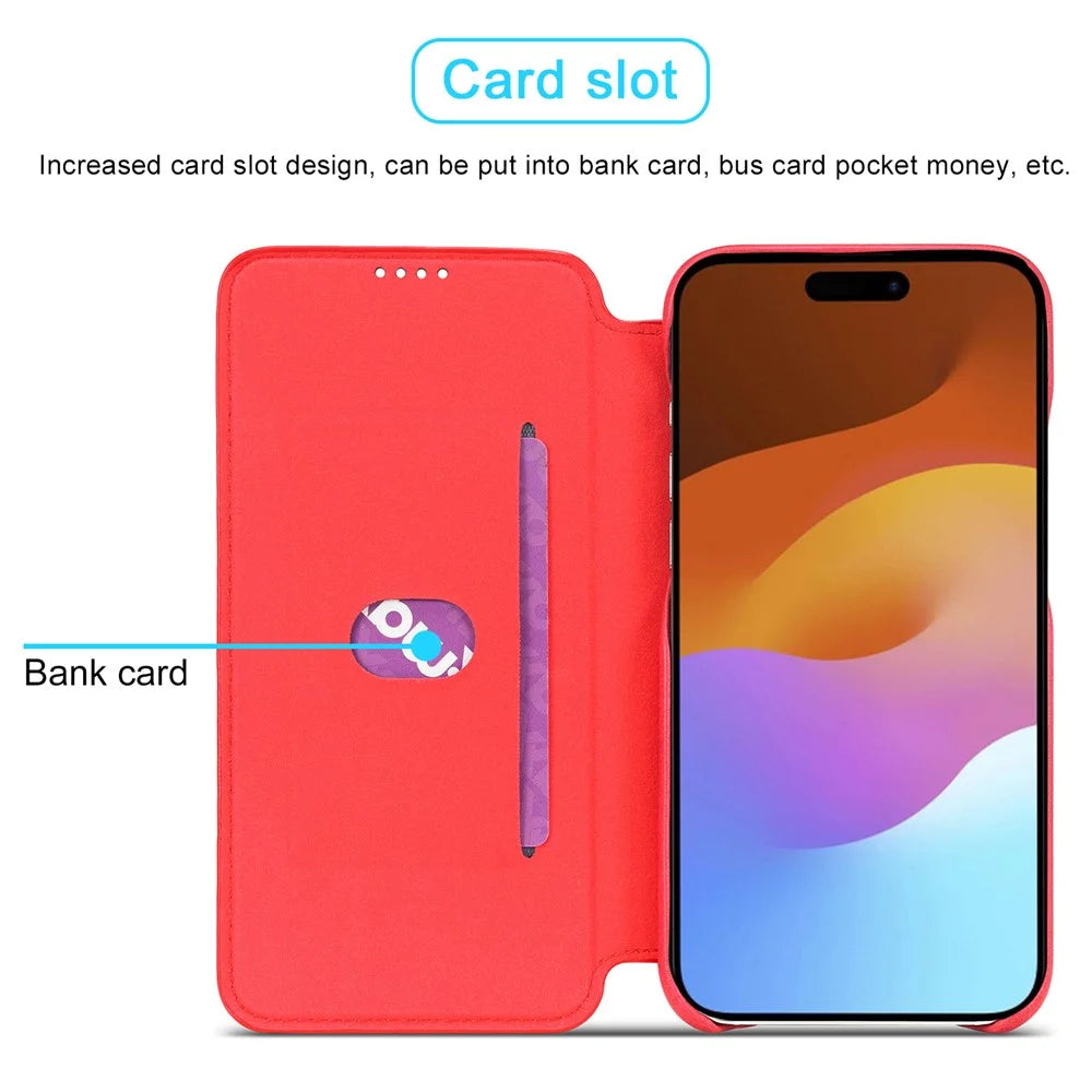 LC.IMEEKE For iPhone 15 Leather Stand Phone Case Drop-proof Cover with Card Slot - Red - 7