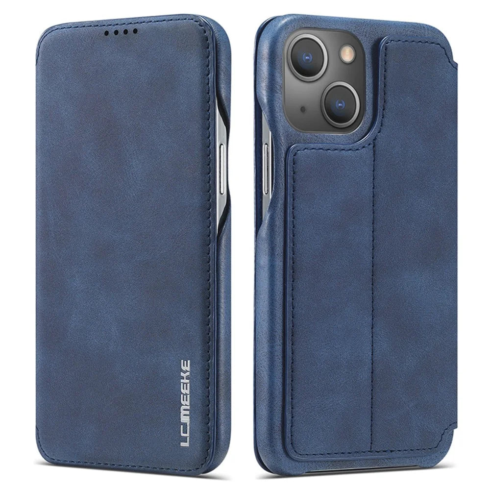 LC.IMEEKE For iPhone 15 Plus PU Leather Stand Phone Case Single Card Slot Anti-drop Cover - Blue - 1