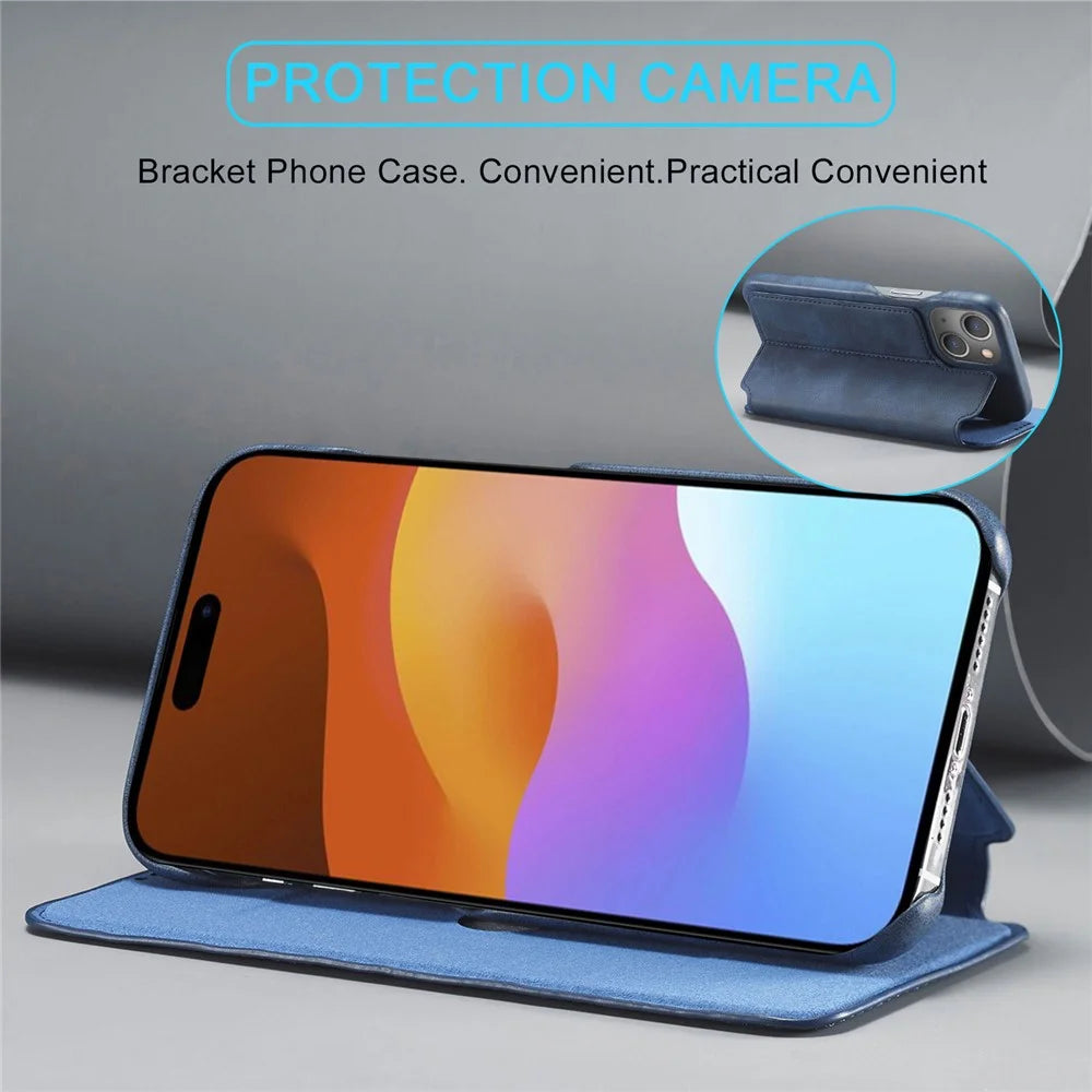 LC.IMEEKE For iPhone 15 Plus PU Leather Stand Phone Case Single Card Slot Anti-drop Cover - Blue - 3