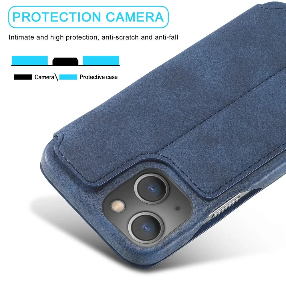 LC.IMEEKE For iPhone 15 Plus PU Leather Stand Phone Case Single Card Slot Anti-drop Cover - Blue - 6