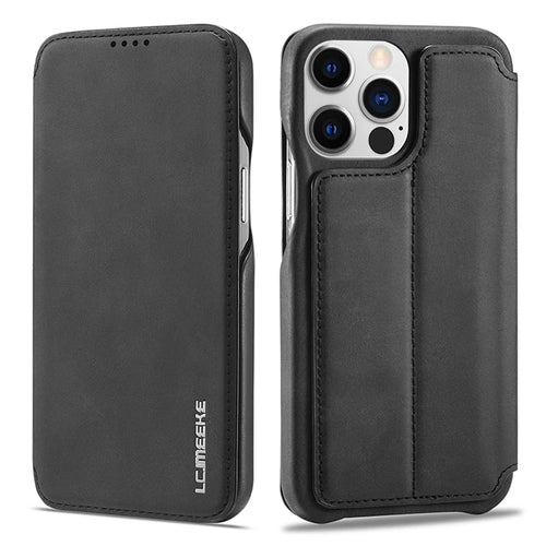 LC.IMEEKE For iPhone 15 Pro Max Drop-proof Stand Cover PU Leather Phone Case with Card Slot - Black - 1