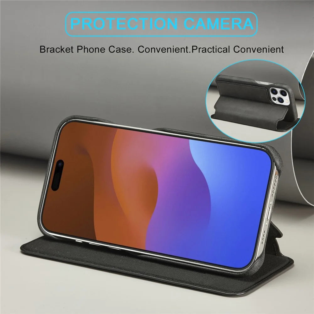 LC.IMEEKE For iPhone 15 Pro Max Drop-proof Stand Cover PU Leather Phone Case with Card Slot - Black - 3