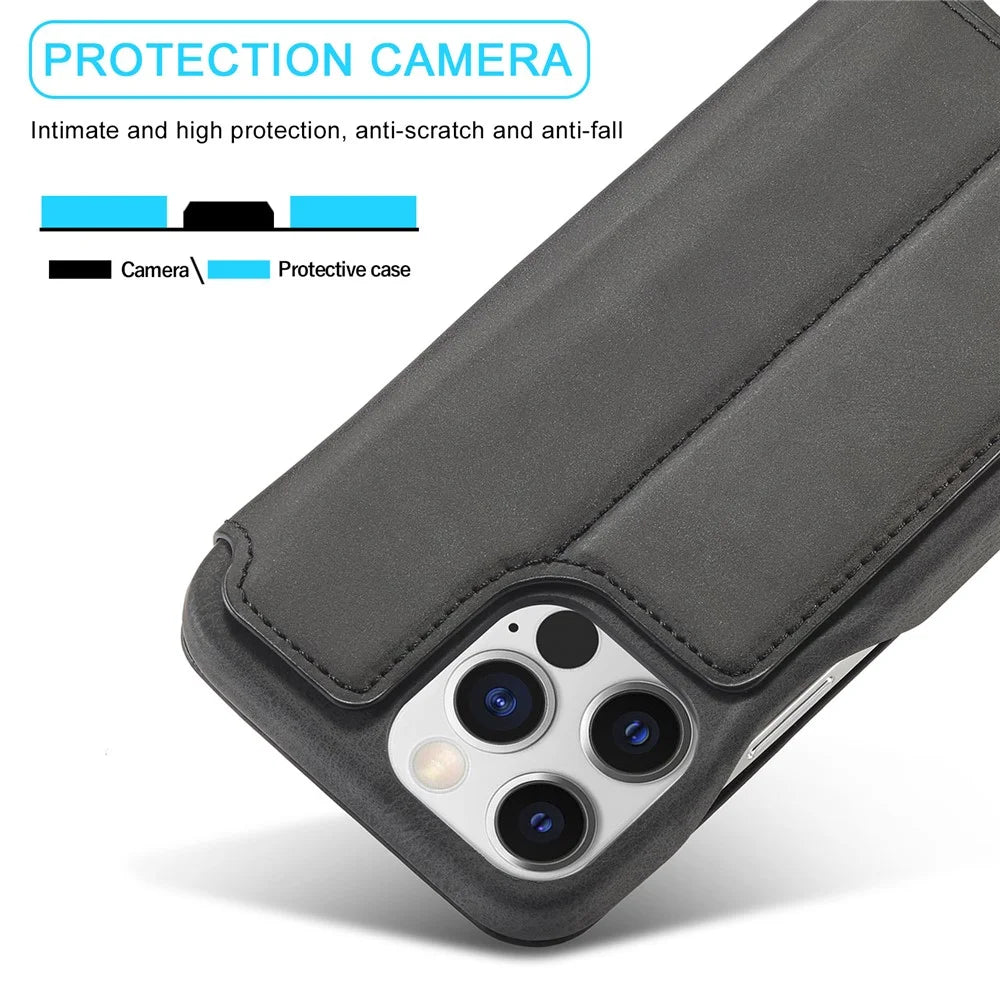 LC.IMEEKE For iPhone 15 Pro Max Drop-proof Stand Cover PU Leather Phone Case with Card Slot - Black - 6